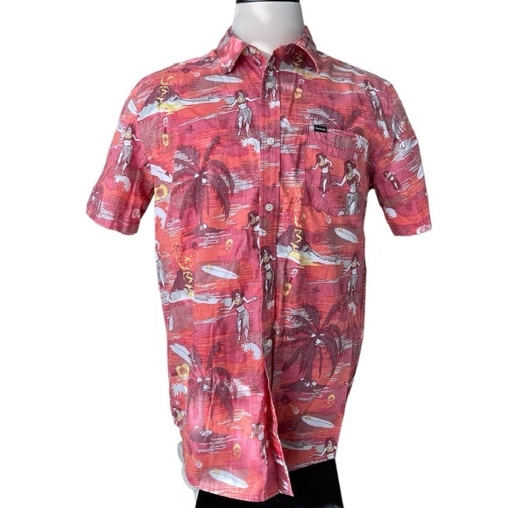 HURLEY Hawaiian Shirt Short‎ Sleeve Button Up Red Orange Beach Size Large